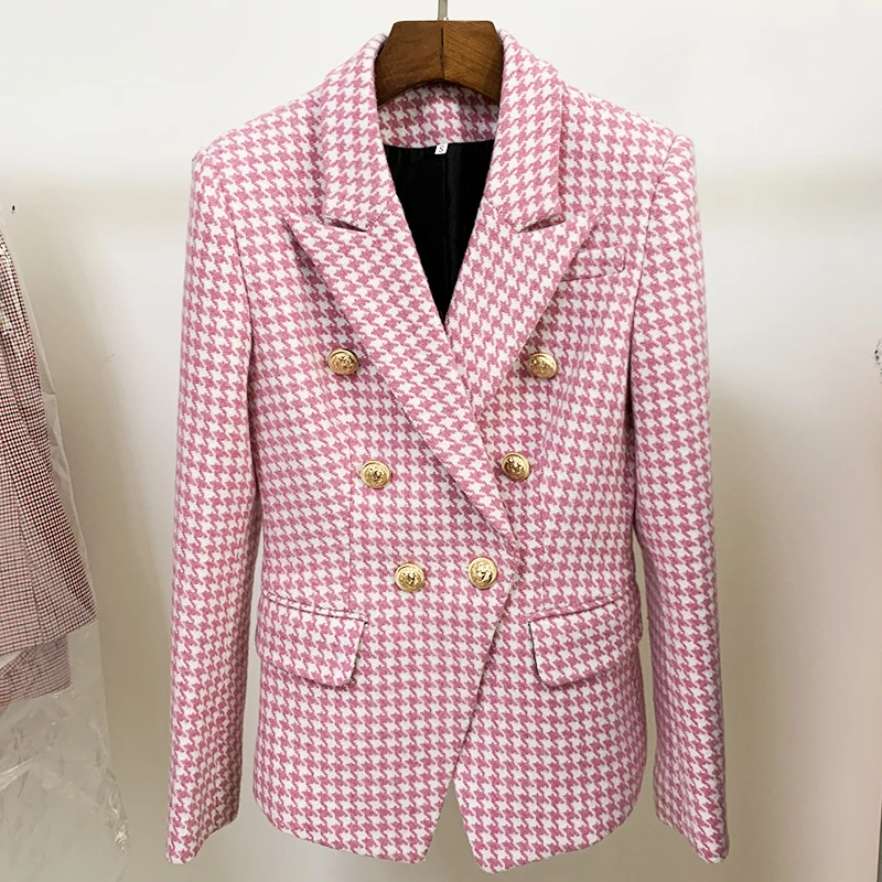 HIGH STREET Newest Fashion 2021 Designer Jacket Women's Double Breasted Lion Buttons Wool Tweed Houndstooth Blazer