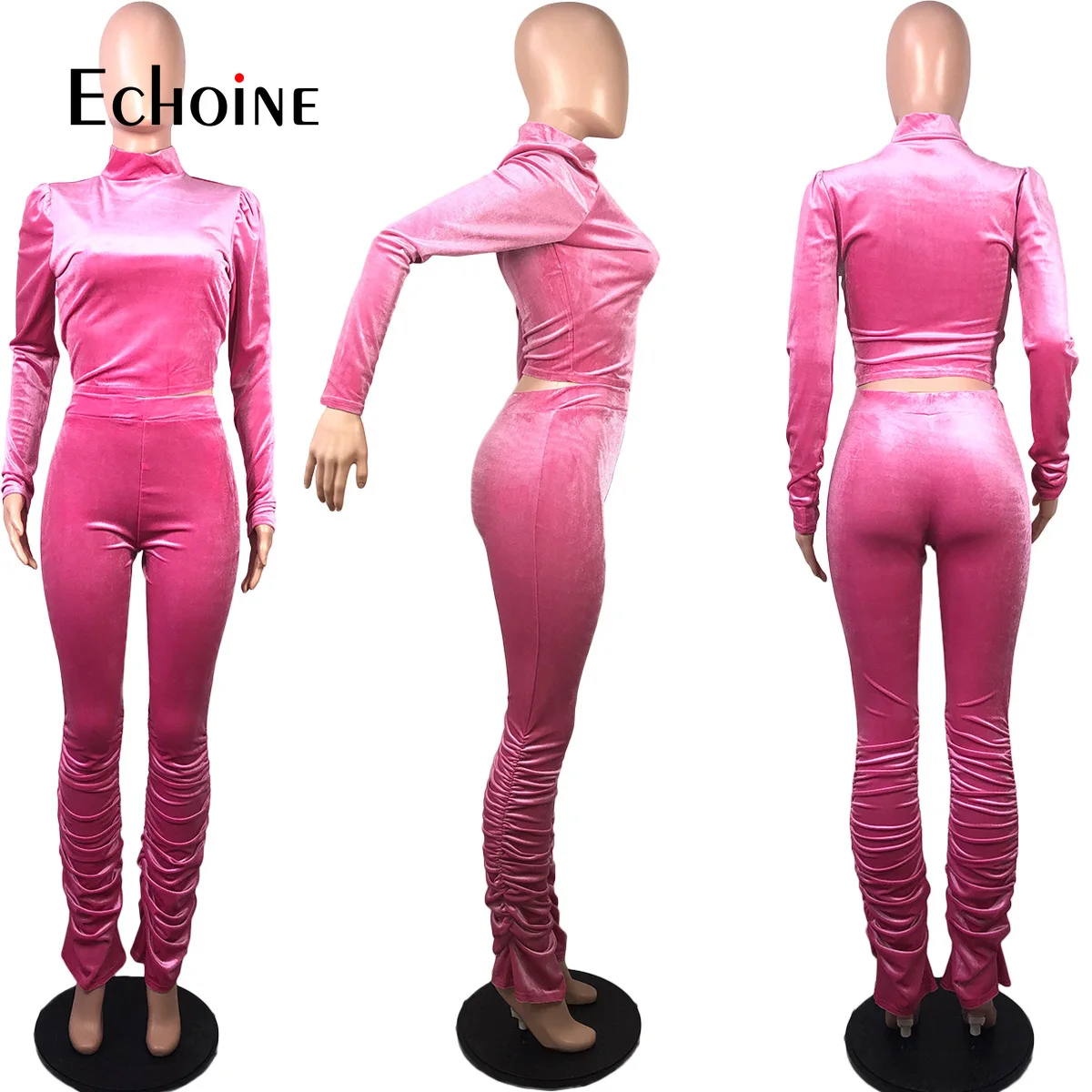 

Echoine Women Autumn Velvet Sets Stand Neck Long Sleeve Tops Stacked Flare Pants Suit Tracksuit Matching Two Piece Set Outfits