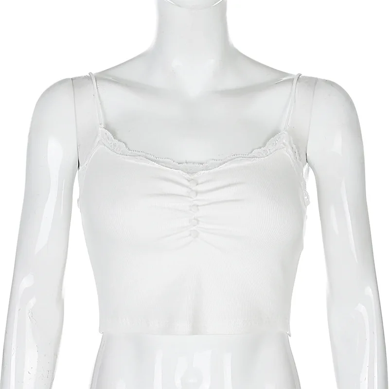 

Sexy Camis Crop Top Women Vintage Lace Wrapped Button Sleeveless O Neck White Tops Femme Summer Spaghetti Strap Cropped Tops