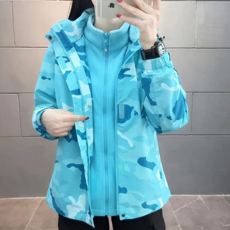 

Jackets Women Winter Outdoor Windproof Thickening Warmth Three-in-one Removable Two-piece Mountaineering Suit Sports Jacket Tide