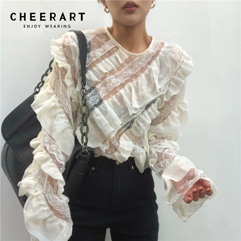 Женская кружевная блузка с рюшами CHEERART прозрачная из сетчатой ткани длинными
