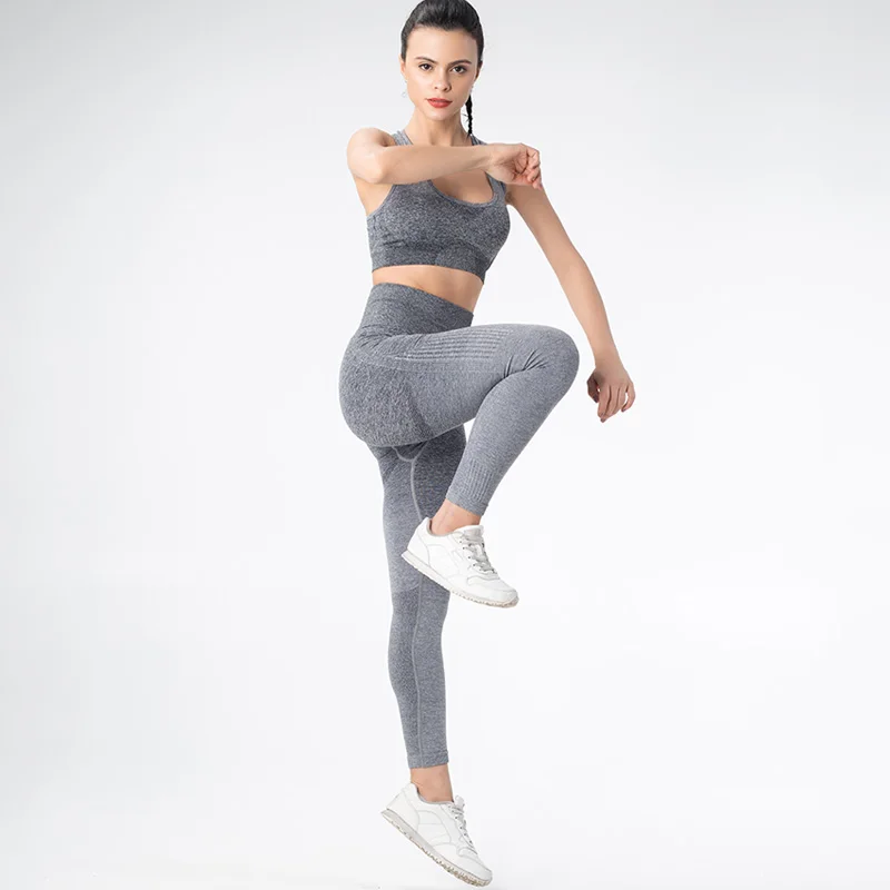 Gray suit Спортивный костюм женскийНабор из двух частейспортивные костюмы женскиебесшовныйкостюм для фитнесаКомплект одежды для йогиТренажерный зал - Цвет: Gray suit