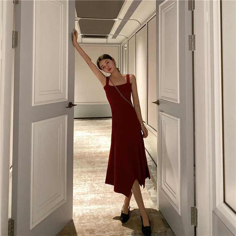 

2020 new summer dress irregular ice silk knitted suspender skirt waist slimming dress female summer temperament long skirt