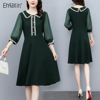 ehqaxin 2022 spring new womens dress casual three quarter sleeve woven doll collar mid length stitching dresses l 5xl