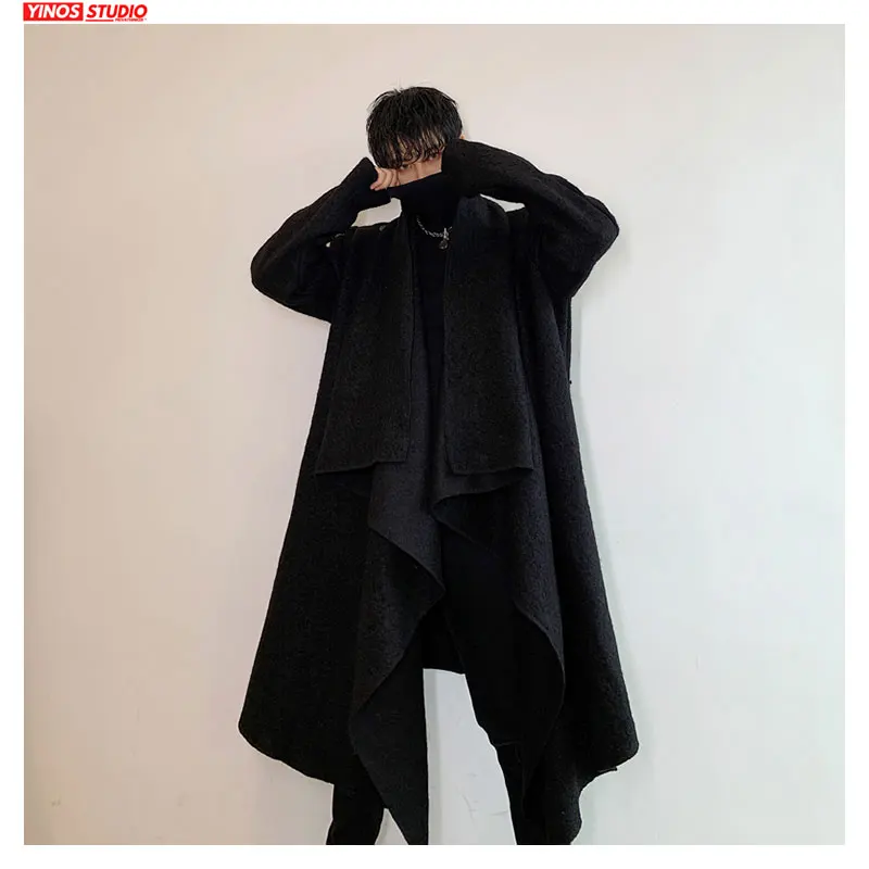 Длинные пальто с высоким воротником однотонный плащ японского дизайна мужские