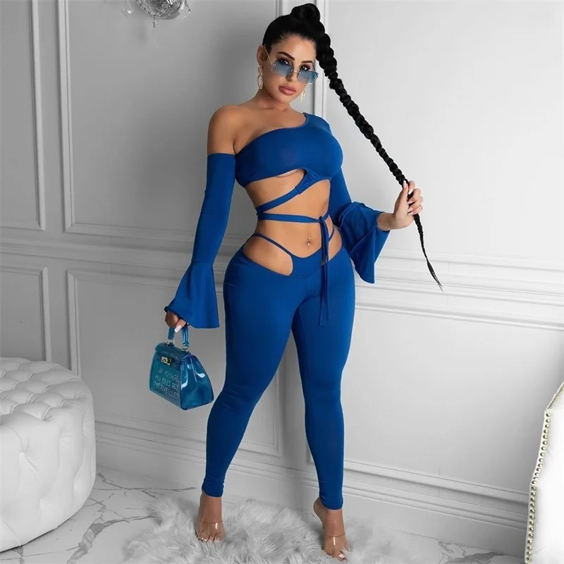 

Hollow Out Waist Two Piece Set Women Outfits Horn Sleeve Lace Up Crop Top Pants Women Matching Set Lash Neck 2 Pieces Outfits