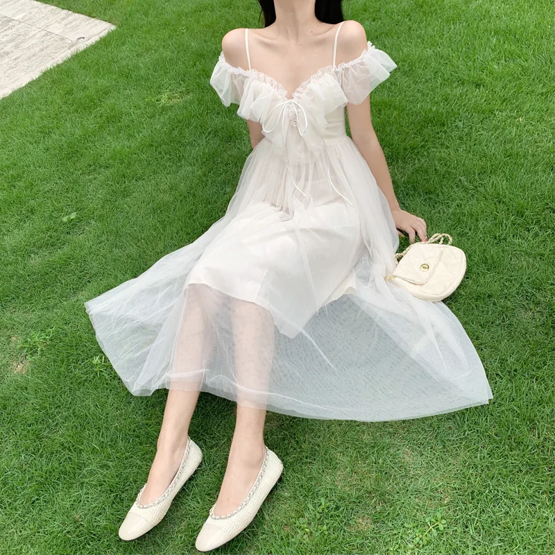 

Sannian 2021 Summer New Fashion Strapless Wooden Ear V-neck Lace Strap Lace Dress Women Summer Clothes For Women