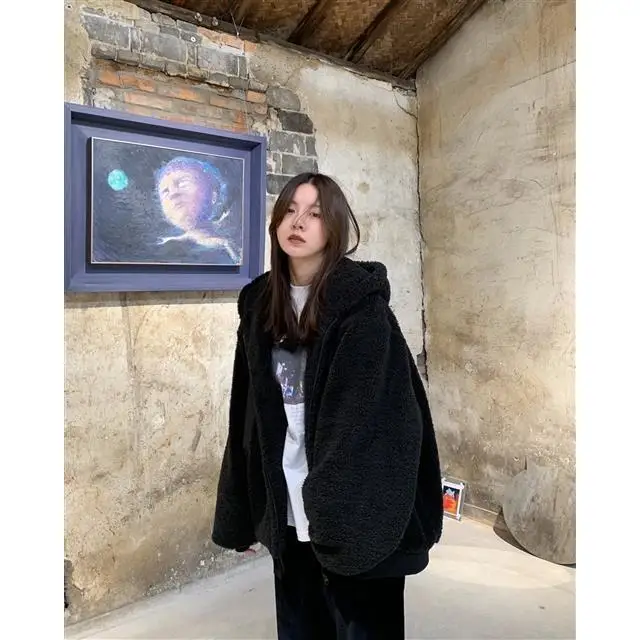 

Blue zipper hooded for women's new winter wear plush and thickened Korean version ins loose Plush coat