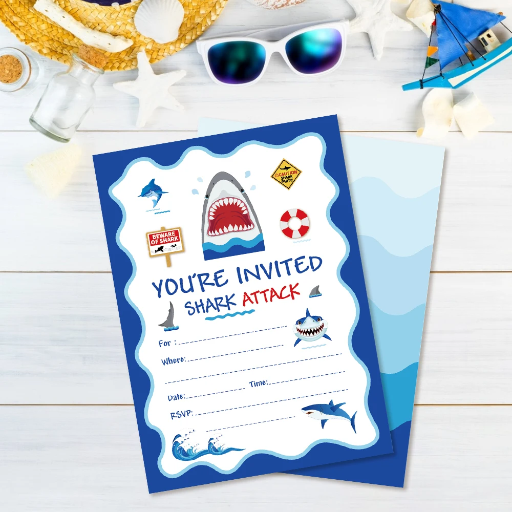 

10pcs Cartoon Shark Birthday Party Invitations Cards Blue Sea Theme Invitation Kids Happy Birthday Party Favor Decorations ZZ008