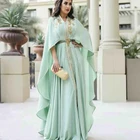 Элегантное вечернее платье А-силуэта, кружевные шифоновые платья с аппликацией и V-образным вырезом, с рукавами-накидками, арабские платья Дубаи Вечерние вечернее платье, Vestido de Noite