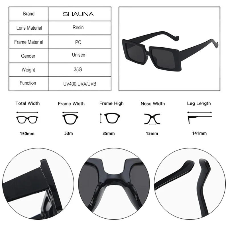 Солнцезащитные очки SHAUNA прямоугольные солнцезащитные с металлическими петлями