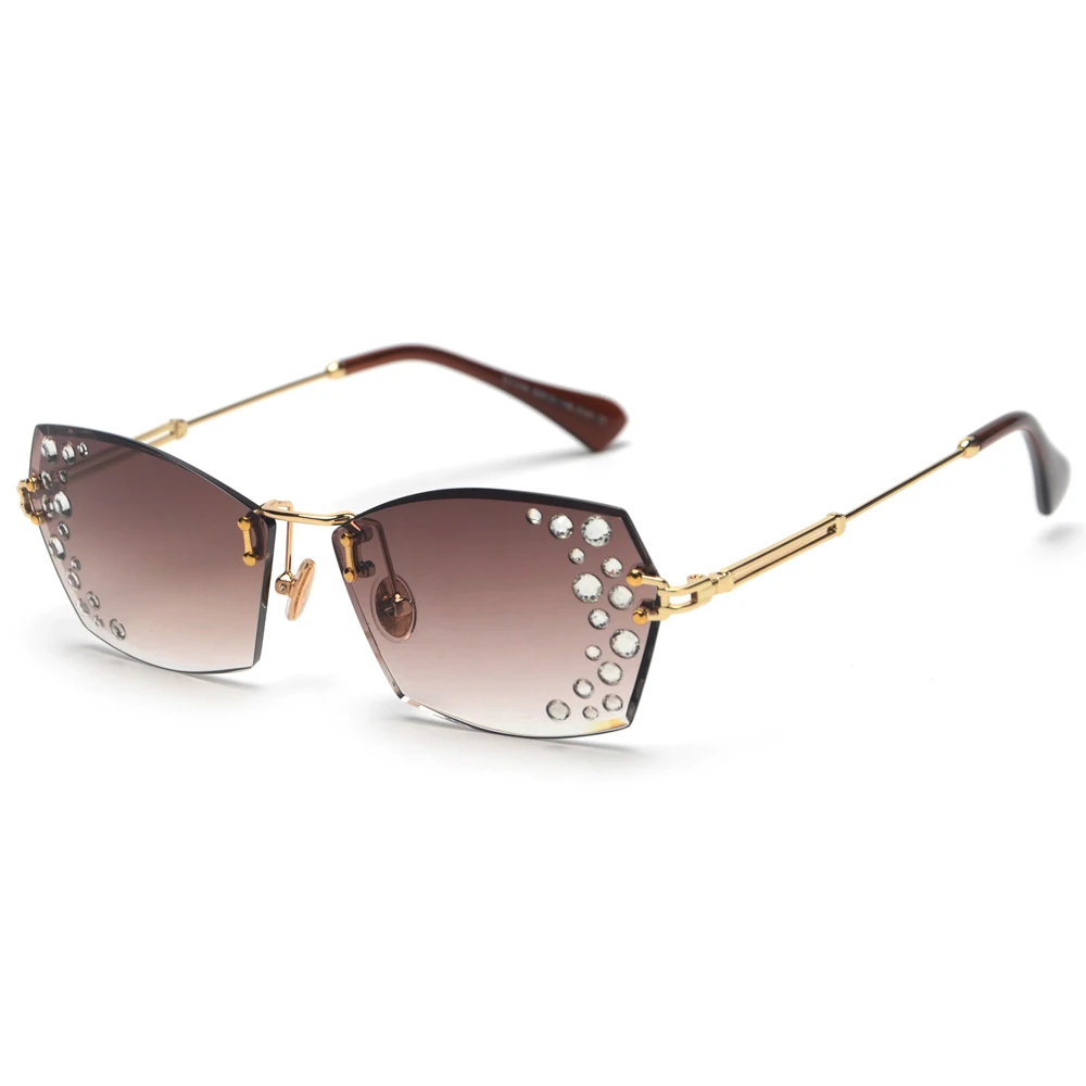 

Veshion Luxury Designer Rimless Sunglasses Women Rhinestone 2021 Women Clear Lens Sun Glasses Female Gift Uv400 Brown