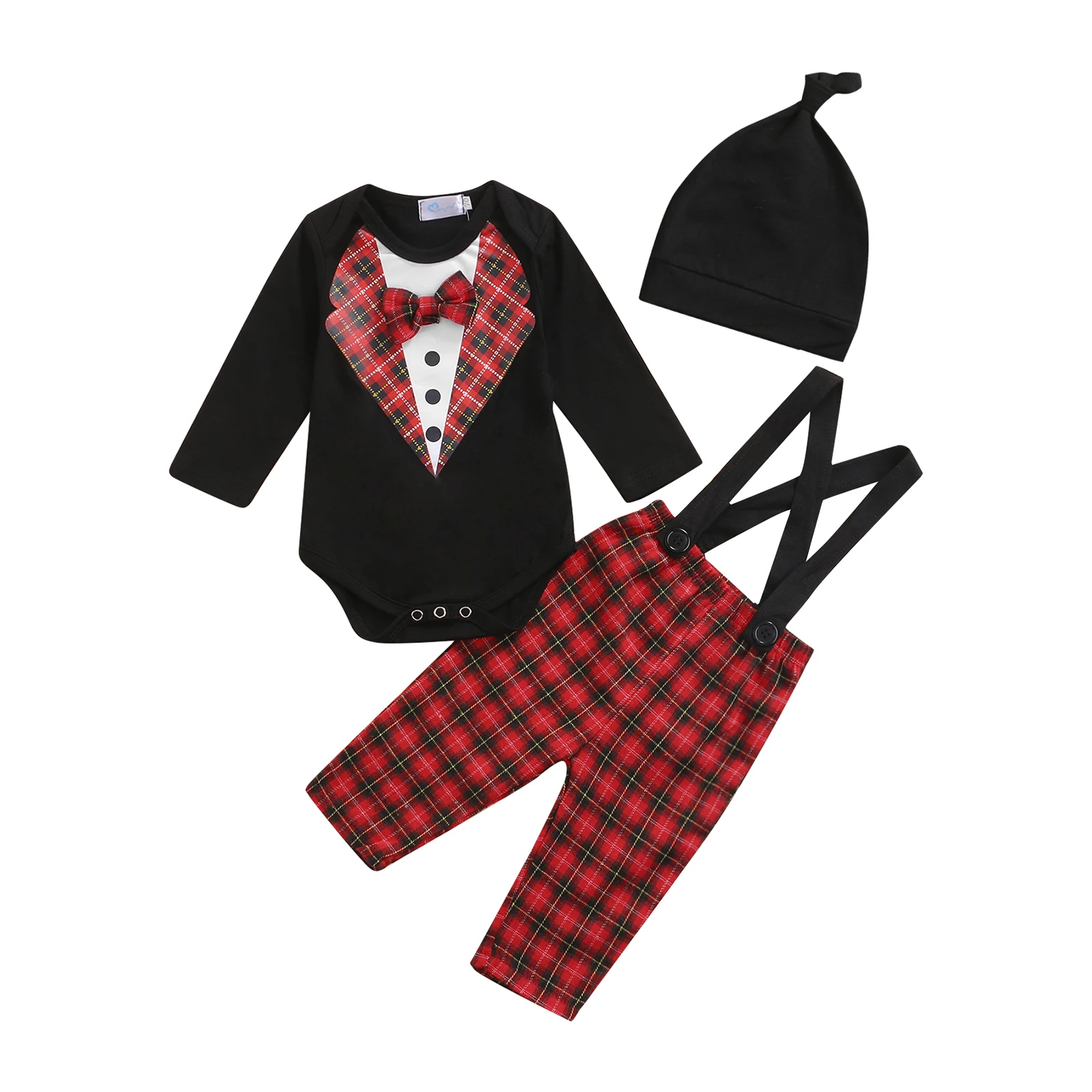 

Baby Boys Casual Three Piece Suit Fashion Plaid Long Sleeve Romper and Suspender Pants with hat 3pcs Christmas Outfits
