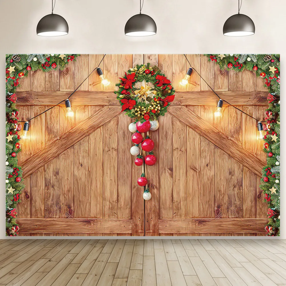 

Рождественский фон венок на деревянной двери огни Студия фотография фон семейвечерние обои стенд