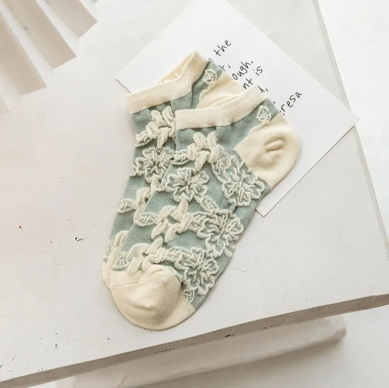 

4pairs/lot Spring Summer Green Women's Japanese Korea Fresh Small Flower Leisure Jacquard Boat Socks Fashion Cotton Harajuku