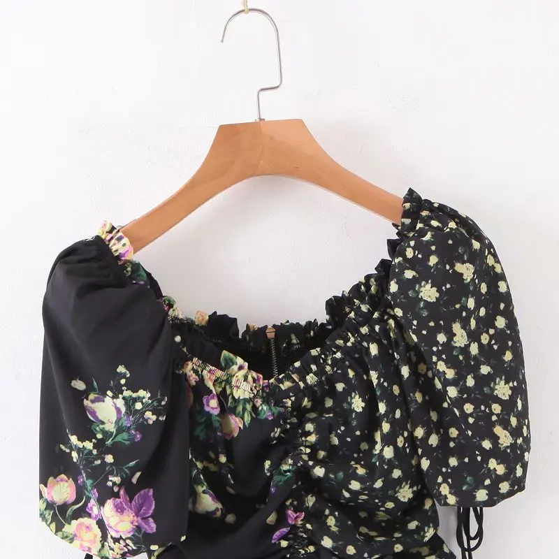 Черная Женская блузка с пышными рукавами шифоновая коротким рукавом Корейская