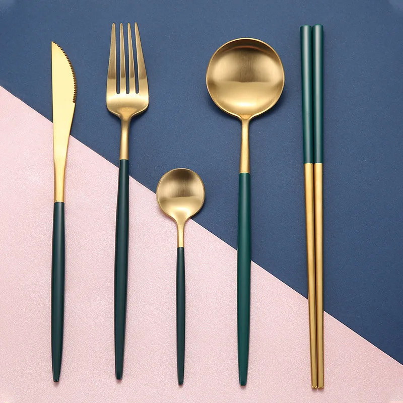 

304 Stainless Steel Gold Cutlery Set Dinnerware Dinner Knife Spoon Fork Chopsticks Salad Fork Spoon Golden Tableware Silverware