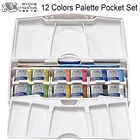 Winsor  Newton, 12 цветов, Cotman, твердый акварельный пигмент, Современный портативный набор, 12 полукювет и ручка-кисть