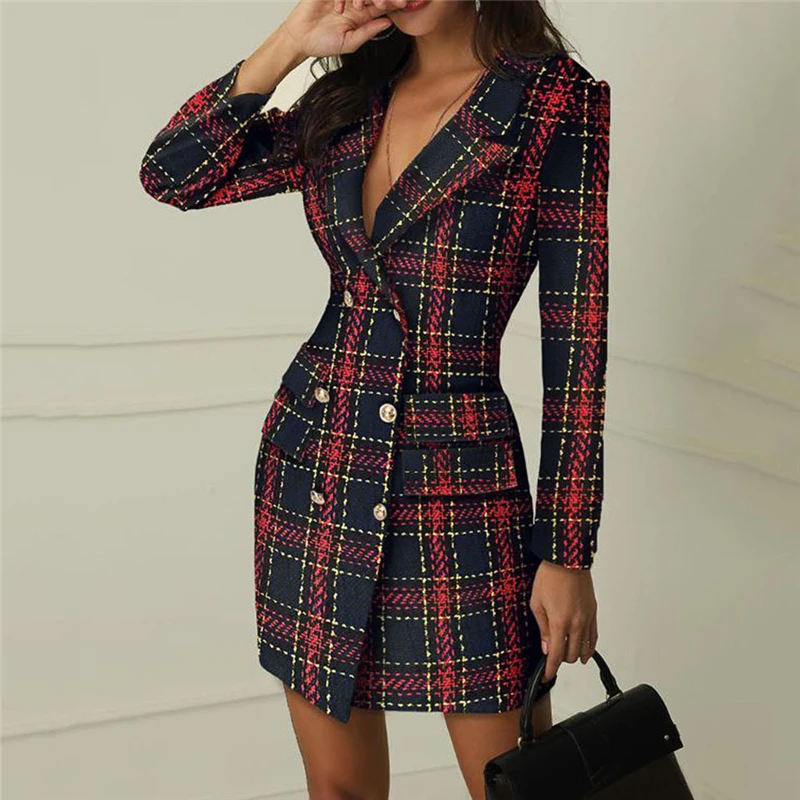 

Women Suit Dress Double Breasted Plaid Pattern Female Autumn Winter Coats Dress Long Sleeve Pockets Slim Waist Clothing