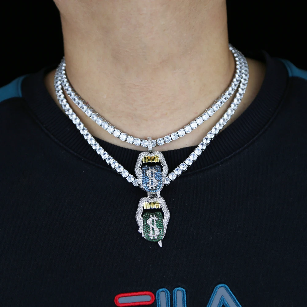 

Iced Out Bling 5A CZ Sexy Mouth Pendant Necklace Dollar Symbol Micro Pave Dripping Lips Silver Color Tennis Hip Hop Women