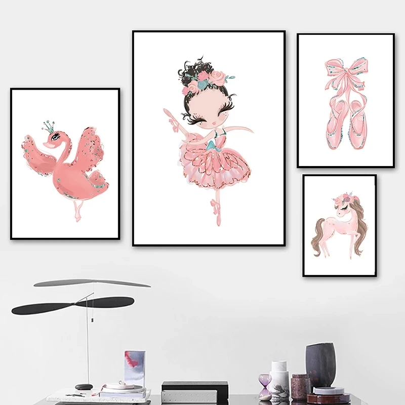Для маленьких девочек Детская Wall Art розовый плакат Лебедь балерина холст картины