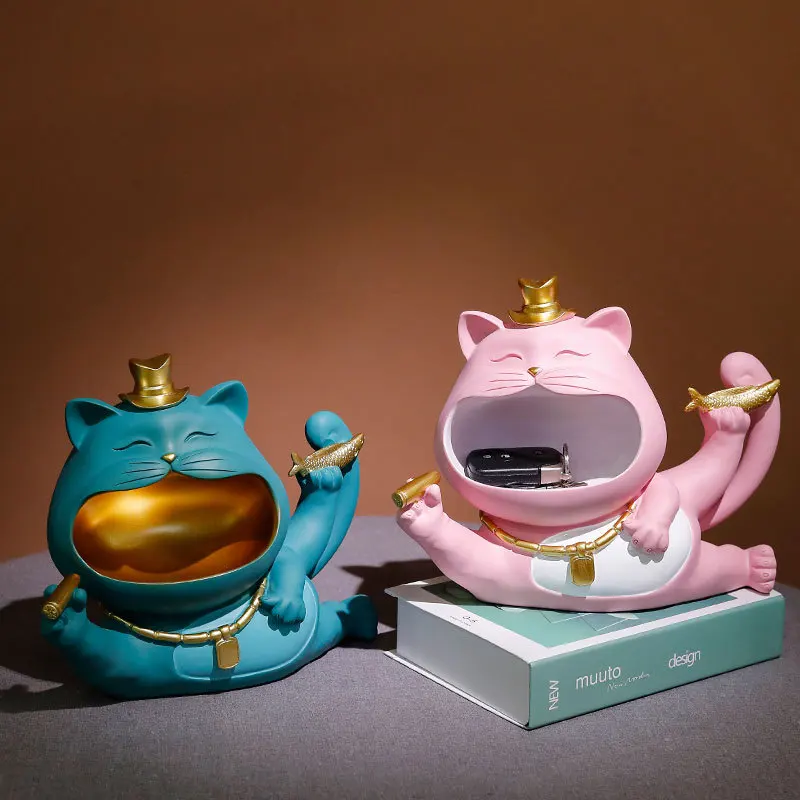 

Resin Lucky Cat Sculpture Storage Box Living Room Entrance Key Fruit Storage Animal Statue Ornaments Home Decoration Accessories