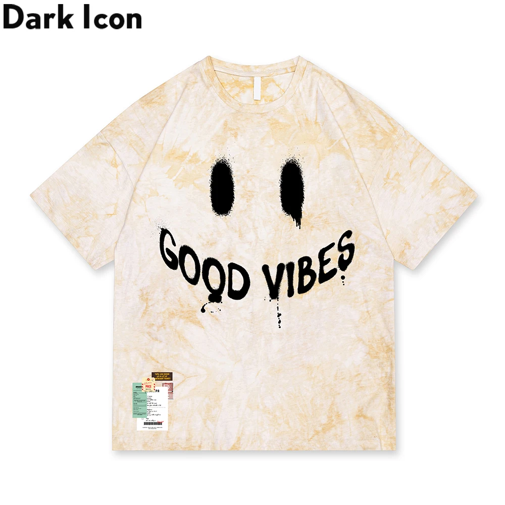 

Dark Icon Good Vibes Tie Dyeing T-shirt Men Women Summer Men's Tshirts Cotton Couple Clothing Yellow Pink