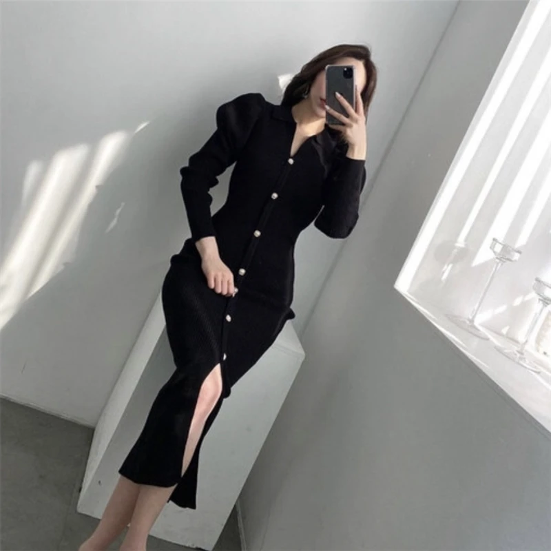 

Женское облегающее платье-свитер в стиле ретро, однотонное однобортное облегающее платье трапециевидной формы с длинным рукавом, теплое пл...