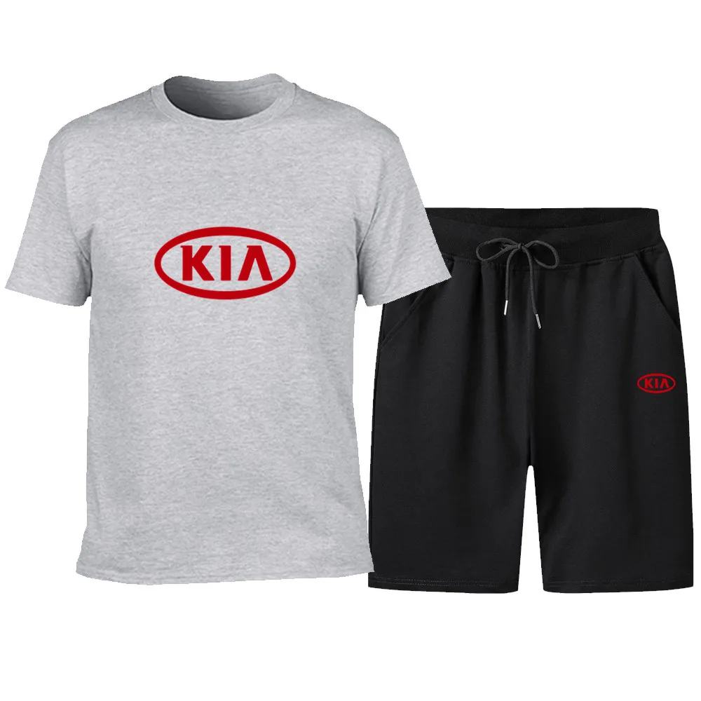 

2021 popular new cotton men's T-shirt + Sports Shorts Set KIA car logo summer high quality T-shirt sports running sets