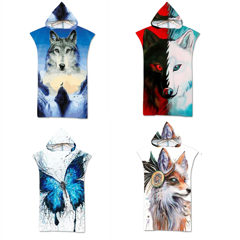 

Пляжное полотенце с капюшоном и принтом из микрофибры для взрослых и детей, быстросохнущее пончо для купания в бассейне, банный халат, спорт...