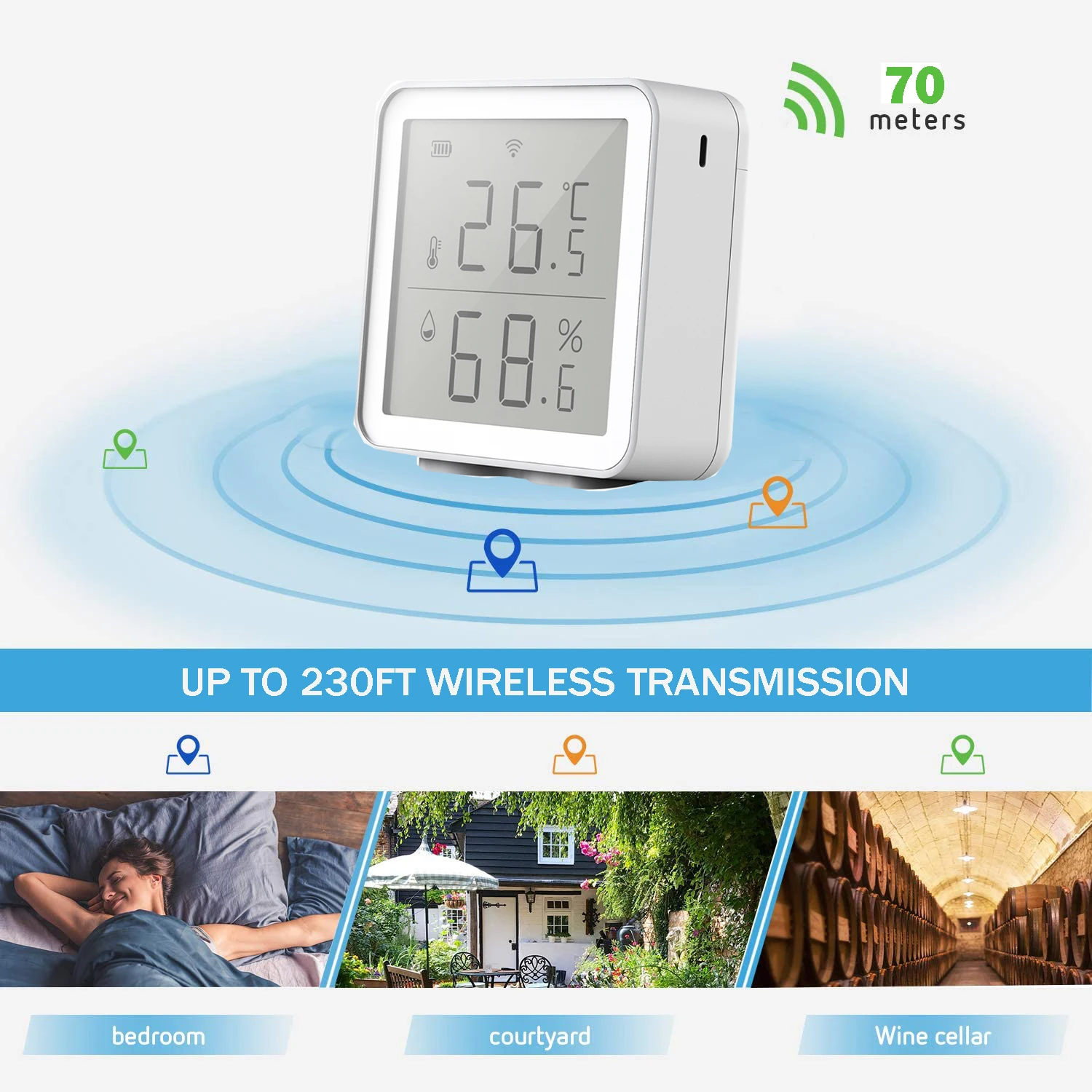 Смарт-датчик влажности и температуры Wi-Fi совместимый с Alexa Google Assistant 230 футов