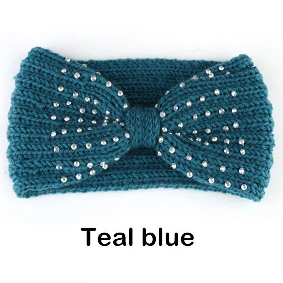 Teal blue Зимние Стразы, блестки, повязка на голову для женщин, трикотажный подогреватель чалма, закрывающая уши, головной убор, Панк шерсть, вязанные крючком повязки на голову, аксессуары для волос - Цвет: Teal blue