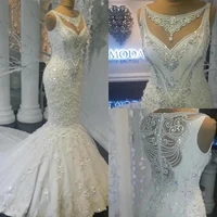 luxury rhinestones crystals wedding dresses 3d flowers lace appliqued mermaid wedding bridal gowns custom made casamento