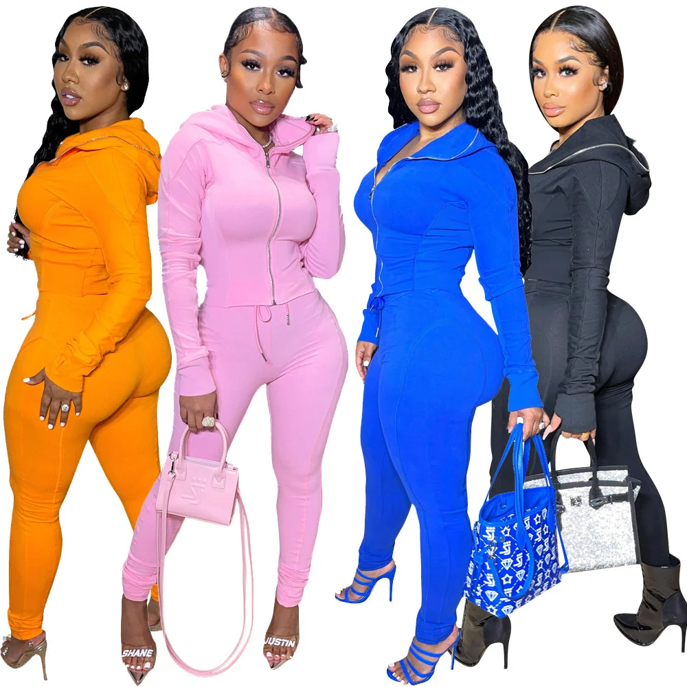 

Women's Soild Zipper Hooded And Stacked Pants Two Piece Set Women Sweatshirt Jacket And Trousers Suit Female Tracksuit
