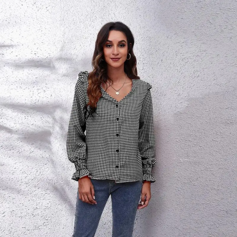 

Women's Plaid Print Fungus V-Neck Long Sleeve Chiffon Shirts
