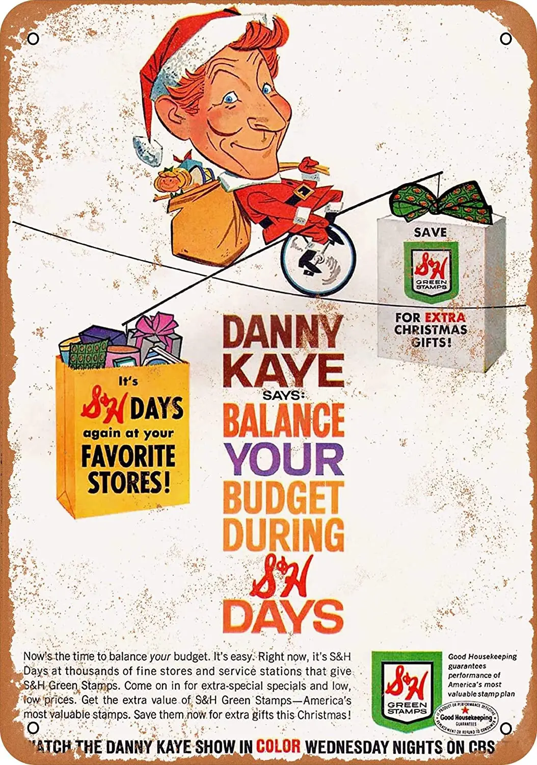 

Дюймовый металлический винтажный Забавный жестяной знак 1965 Дэнни кейе для S & H зеленых марок