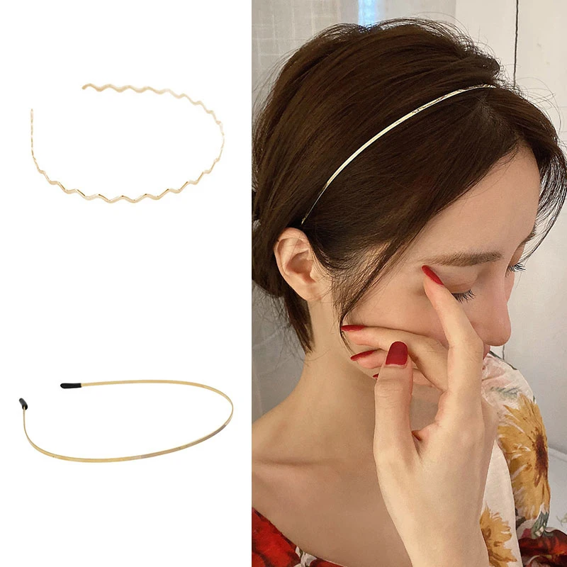 

Новинка 202, корейский милый шикарный обруч для волос в виде волны, простые блестящие металлические золотые обручи для волос для женщин и дев...