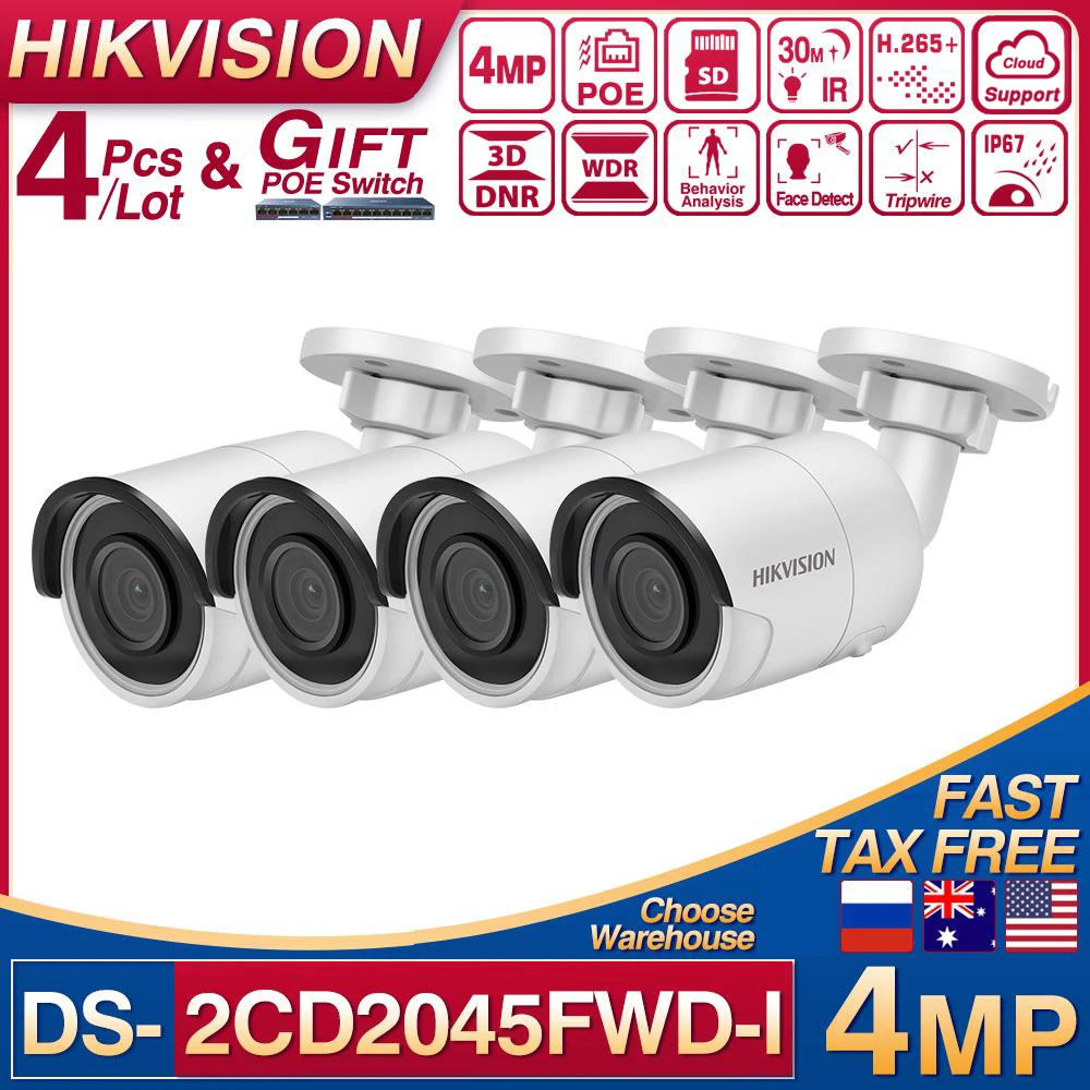 

Hikvision 4 шт./лот DS-2CD2045FWD-I POE IP-камера 4 МП цилиндрическая сеть видеонаблюдения IPC слот для SD-карты H.265 + 4 анализатора поведения Darkfighter