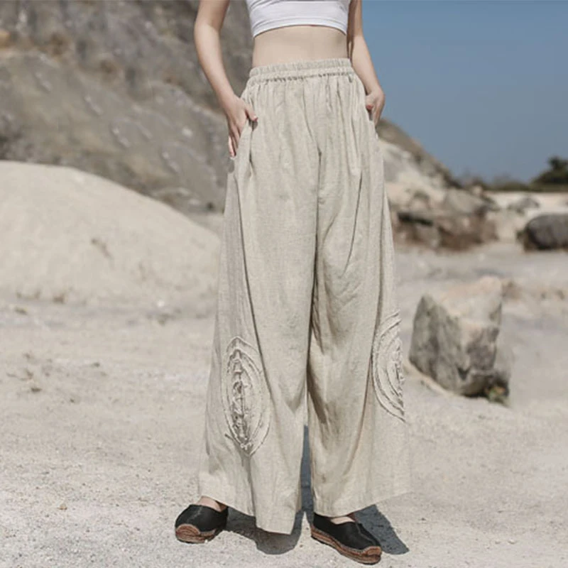 

Women Vintage Linen Wide Leg Pants Elastic Waist 2020 Spring New Pockets Trouser Loose Chinese Style Casual Pants