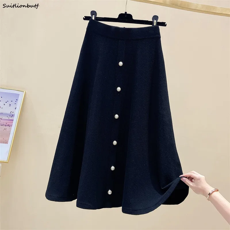 

4XL Winter One-Step Skirt Middle Length Button High Waist Knitted Skirt 2021 Autumn Plus Size Korean A-Line Women Clothing