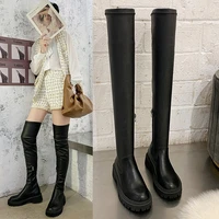 elastic womens boots autumn and winter new style plus velvet platform fashion round toe square heel over the knee long boots