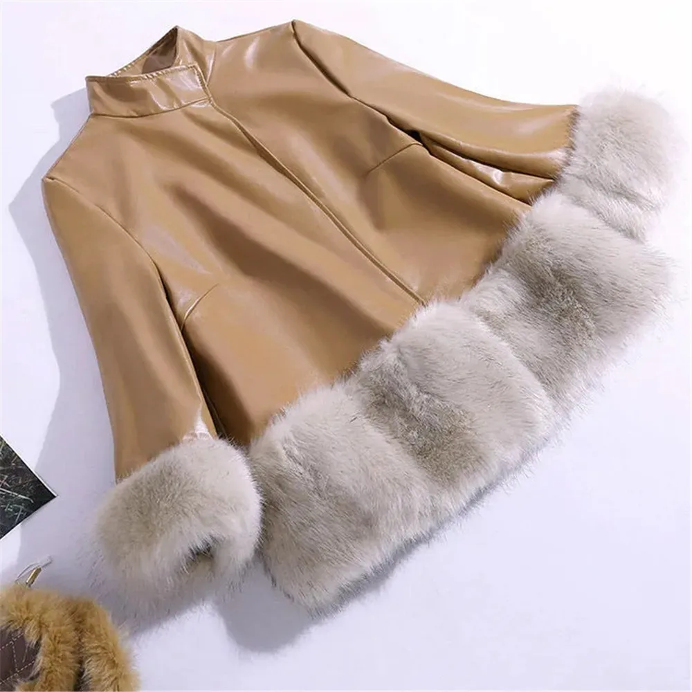 Autumn Women'S Pu Leather Faux Fox Fur Stitching Fur Stand Collar Women'S Cropped Sleeve Leather Coat Female Korean Plush Jacket
