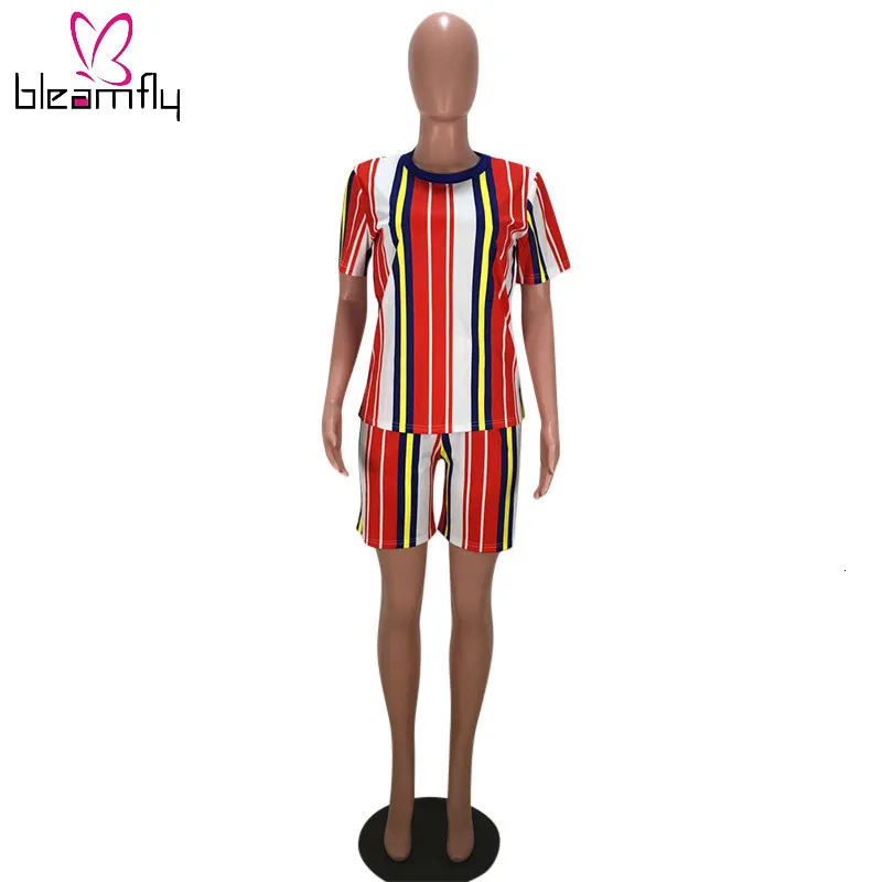 Женский Летний Новый Цветной полосатый круглый вырез T костюм футболка с шортами