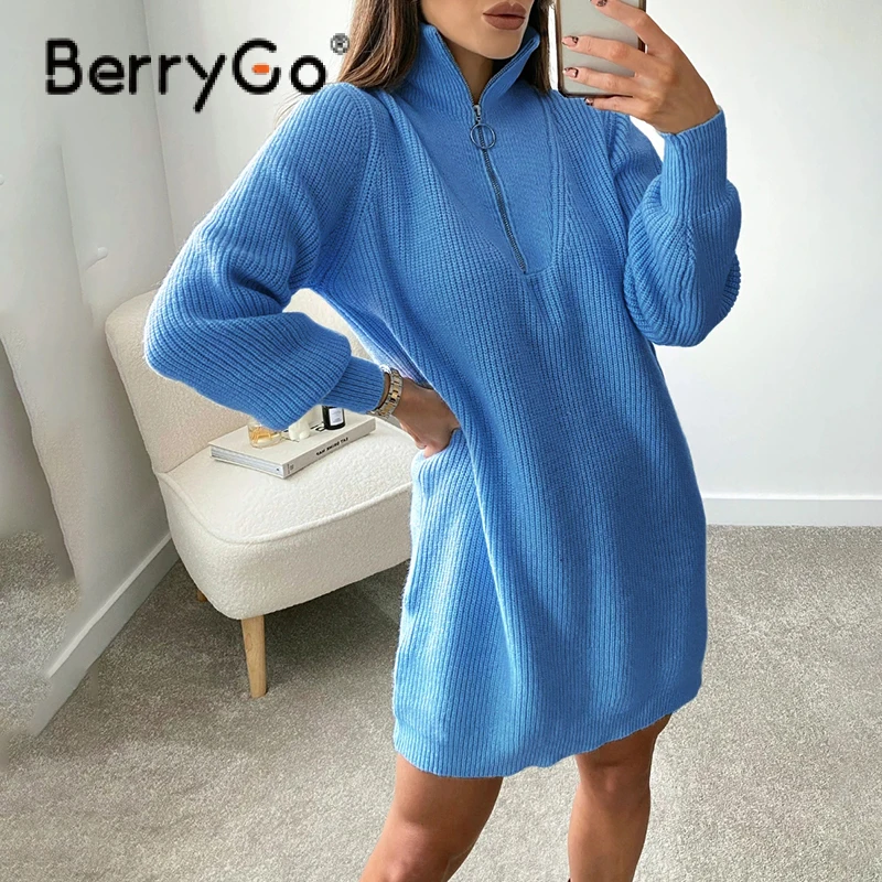 

BerryGo Autumn winter polo sweater dress women Casual long sleeve zipper knitted dress female Solid loose pullover dress lady
