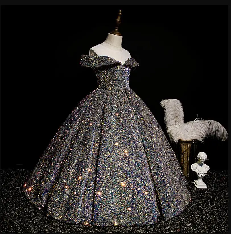 Роскошное длинное кружевное платье принцессы с блестками бальное цветочным