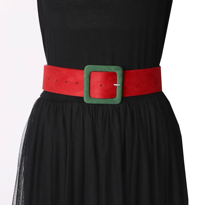 

Ladies Christmas Belt Contrasting Color Square Buckle Decoration Two-tone Suede Wide Belt Matching Dress Waistband New Listing