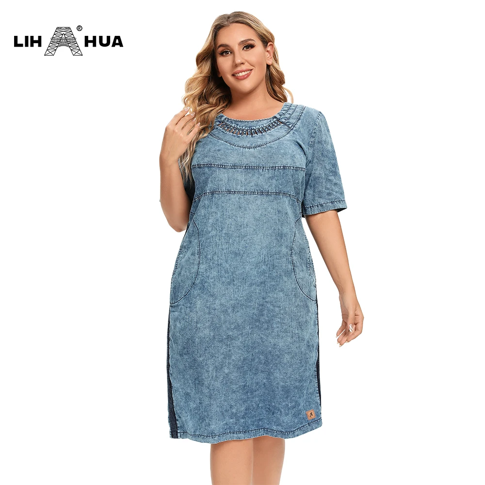 

Женское облегающее джинсовое платье LIH HUA, летнее Повседневное платье из ткани джинсовой ткани с коротким рукавом, длинное платье