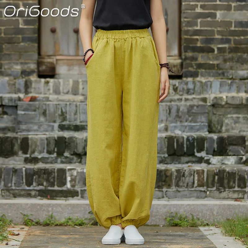 OriGoods Frauen Leinen Hosen Elastische Taille Vintage Ramie Baumwolle Pumphose Hosen 2022 Frühjahr Neue Nationale Hosen Damen Hosen C405