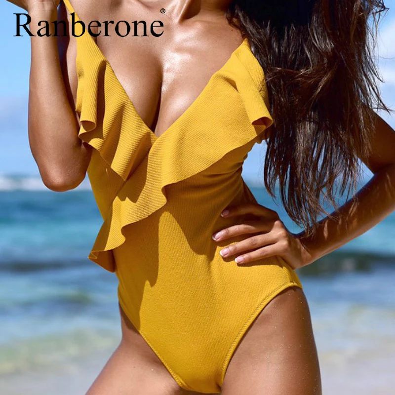 

2020 Solid One Piece Suits Bikini Sexy Backless Swimsuit Falbala V neck Ruffle Monokini Ladies Beach Bathing Suit Swimwear