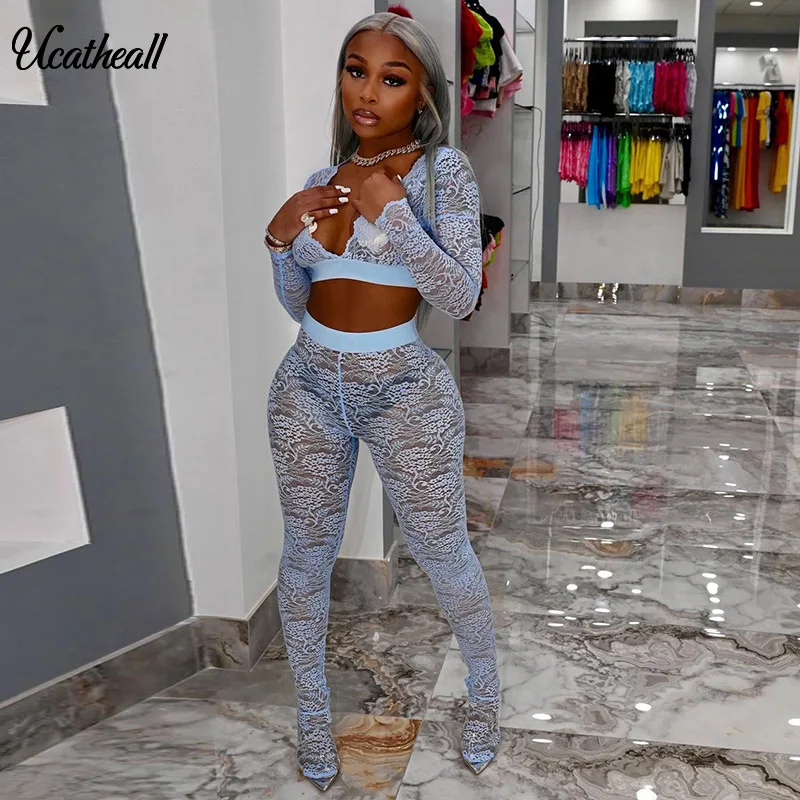 

And Solid Lace Sexy Two Piece Set For Women Bandage Long Sleeve Deep V-neck Tops And Hollow Out Pants Set 2 Piece Culb Wear